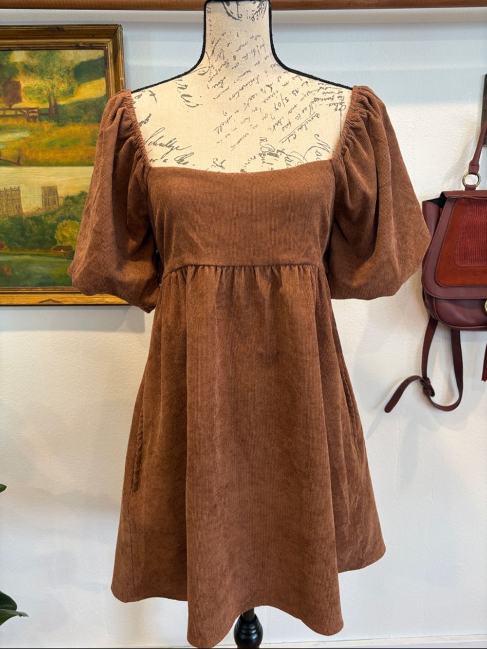 Audrey Parks + Francesca’s Brown Corduroy Puff Sleeve Dress